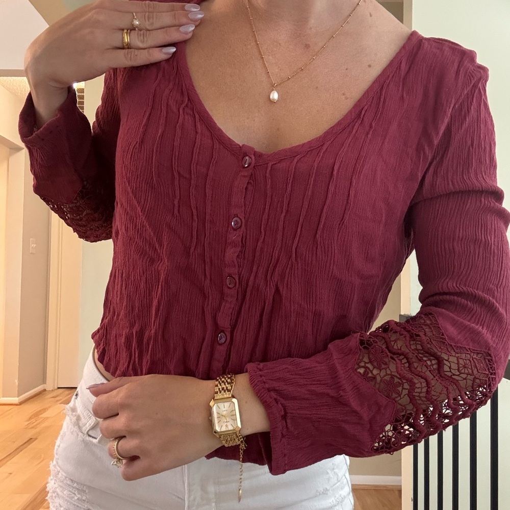 Roxy Burgundy Lace Sleeve Blouse